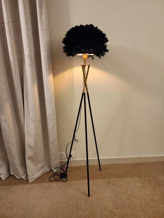 Modern Black Feather Tripod Floor Lamp with Gold Accent